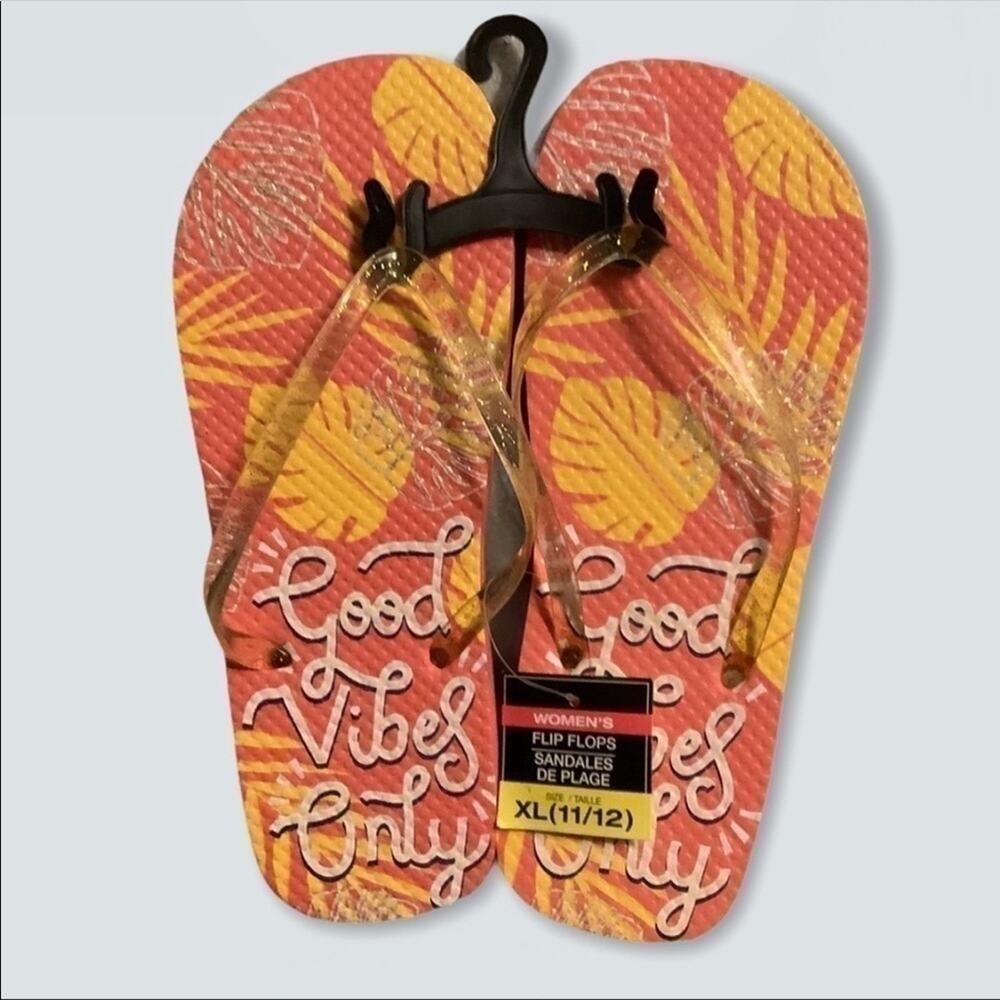 Good Vibes Only Orange Yellow Beach Flip Flops NWT Size 11/12